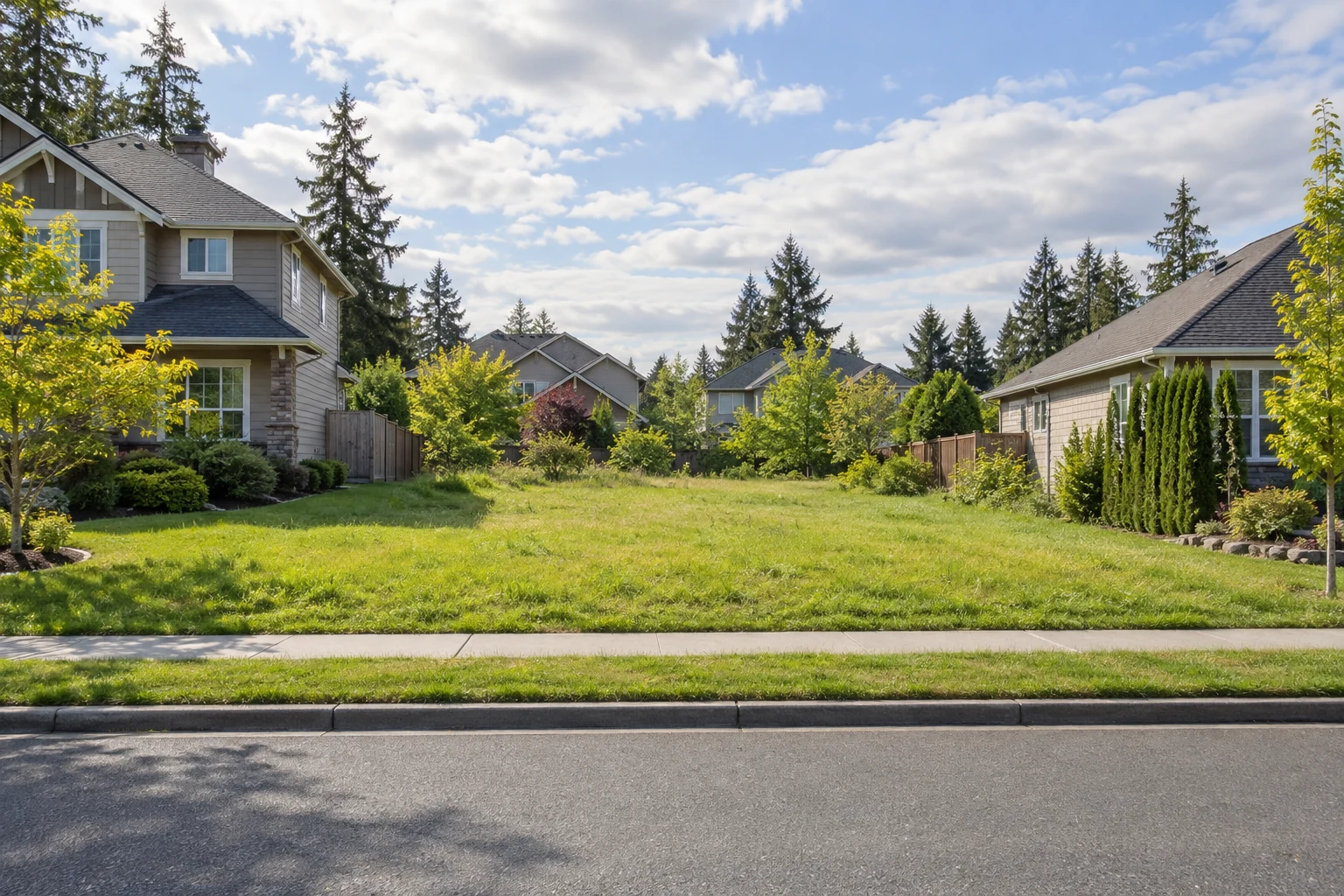 Illustrative view of a vacant grassy lot between homes