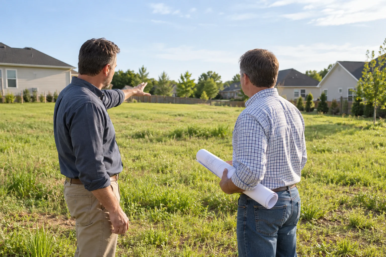 Two homebuilding professionals discussing a vacant lot