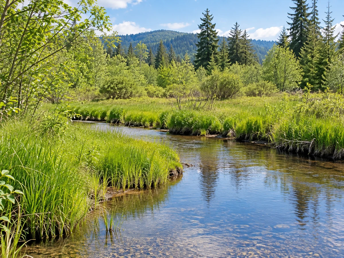 Illustrative stream bordered by wetland grasses and trees